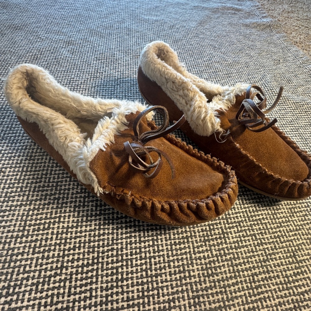 J.Crew Womens Brown Suede Faux Shearling Moccasin Slippers Size 11